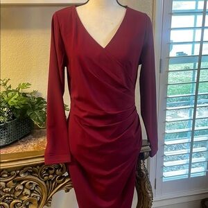 Bodycon Midi Long Sleeve Elegant Burgundy Wrap Dress,Size XL